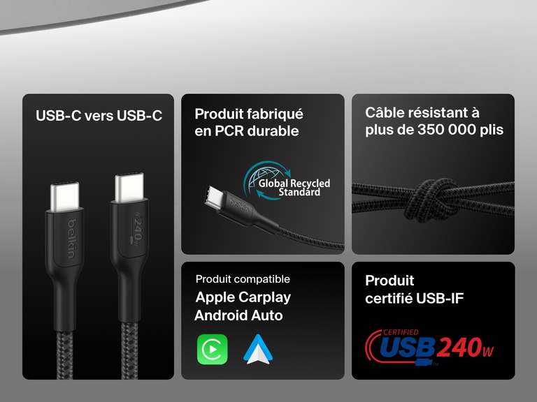 Feature callout graphic highlighting the Belkin BoostCharge Pro USB-C to USB-C Braided Cable 240W with USB-IF certification, 350,000+ bend lifespan, PCR materials, and compatibility with Apple CarPlay and Android Auto.