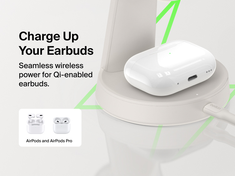 Belkin UltraCharge 3-in-1 Charging Stand with Qi2 25W wirelessly charges Qi-enabled earbuds including AirPods and AirPods Pro.