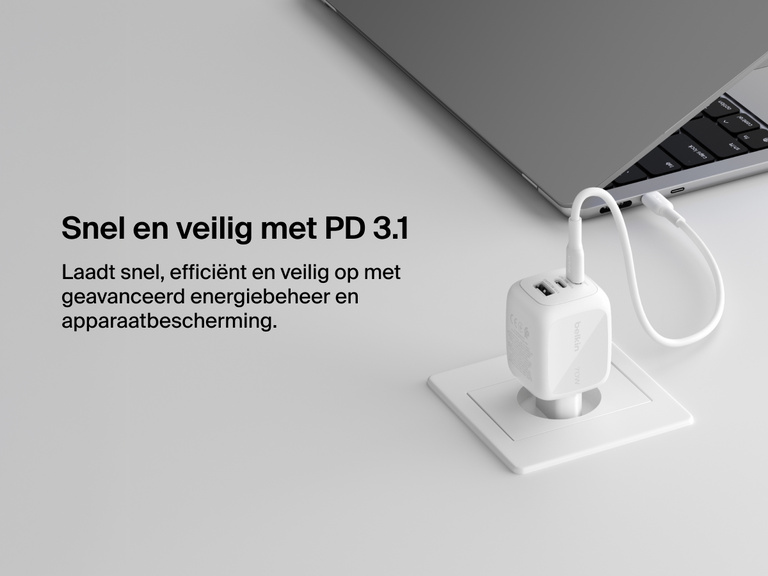 BoostCharge Pro 3-Port GaN Wall Charger 70W connected to a laptop, showcasing USB-C PD 3.1 technology for fast, efficient, and safe charging with advanced power management.