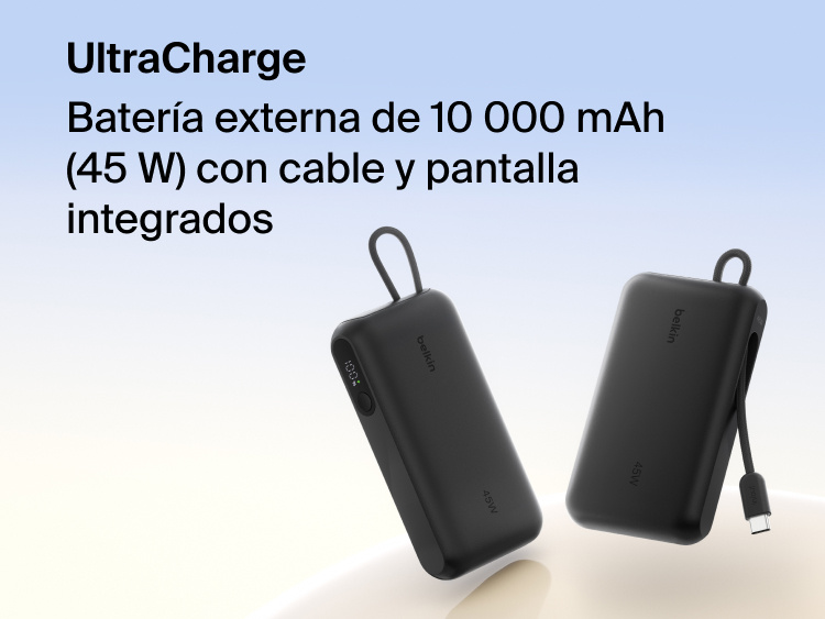 Belkin UltraCharge 10K 45W power bank with integrated cable and digital display showing battery level, designed for fast portable charging.