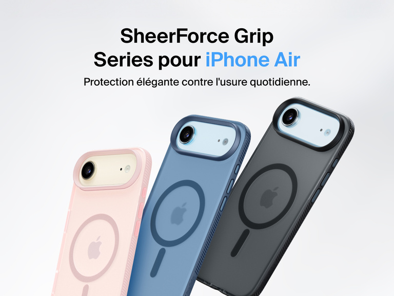 Belkin SheerForce Grip Series protective case for iPhone 17 shown in pink, clear, and black with slim design and MagSafe compatibility.