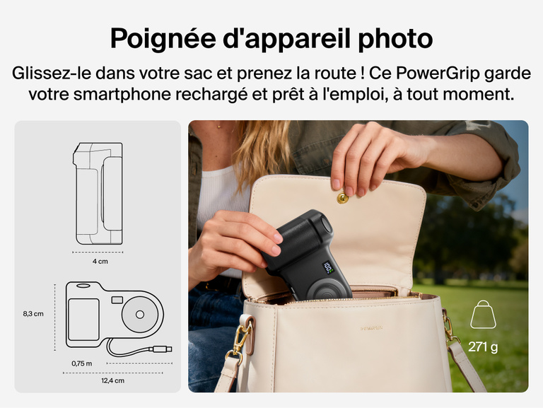Person placing the Belkin Stage PowerGrip portable magnetic wireless charger into a handbag, shown with product dimensions and lightweight design for easy travel.