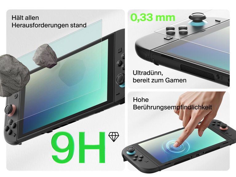 Ein Werbebild zeigt die Funktionen eines Displayschutzes für die Nintendo Switch 2. Auf der linken Seite wird groß „9H“ für den hohen Härtegrad angezeigt. Die Robustheit des Displays wird durch darauf fallende Steine veranschaulicht. In der oberen rechten Ecke wird ein ultradünnes Design mit 0,33 mm und der Kennzeichnung „Spielbereit“ angezeigt. Unten rechts wird die perfekte Berührungsempfindlichkeit durch einen Finger veranschaulicht, der das Display bedient. Alle Bilder unterstreichen die Robustheit, die hauchdünne Beschaffenheit und die hohe Reaktivität des Displayschutzes.