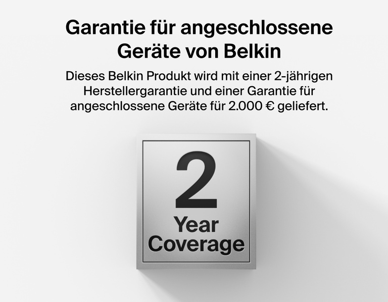 Image showing Belkin Stage Creator Kit featuring 2-year product warranty and up to $2,500 in connected equipment coverage for added protection and reliability.