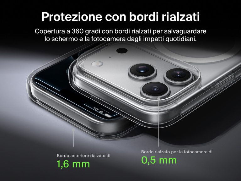 Belkin SheerForce Clear Series Case for iPhone 17 with elevated edge protection featuring 1.6mm front raised edge and 0.5mm camera raised edge for 360-degree coverage.