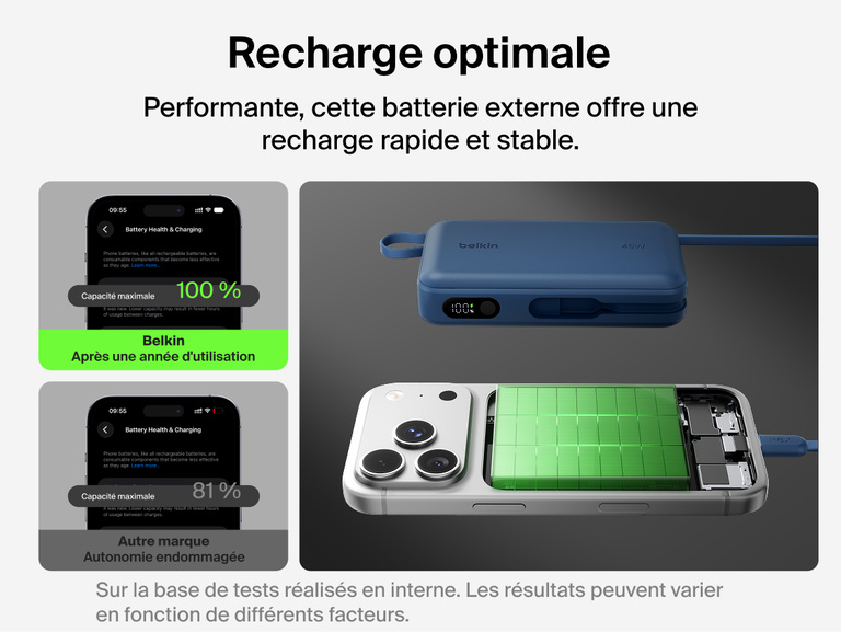 Belkin UltraCharge 20K 45W power bank with integrated cable designed for optimized charging that supports battery health and long-term device performance