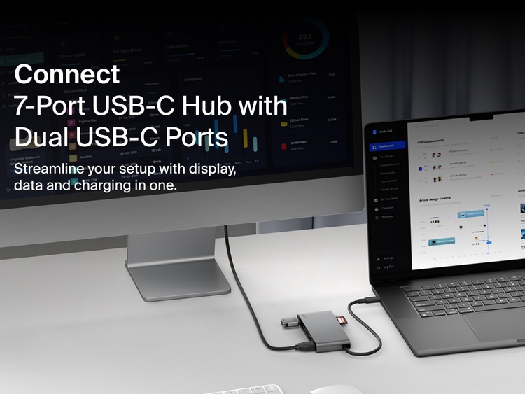 Belkin Connect 7-Port USB-C Hub with Dual USB-C Ports connected to a laptop and monitor on a desk setup.