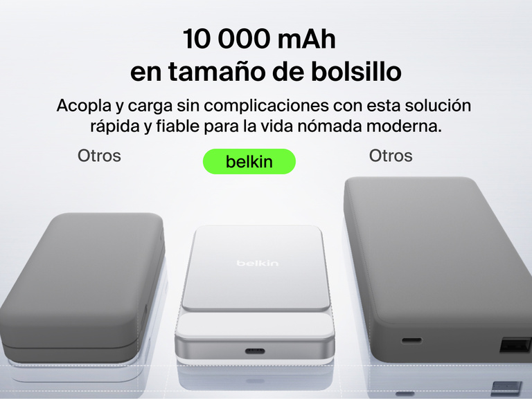 Belkin UltraCharge Slim Magnetic Power Bank 10K highlighting premium aluminum finish, ergonomic grip, soft-touch magnetic surface, digital display, and portable wireless charging design