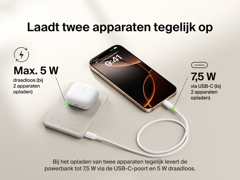 Belkin BoostCharge Slim Magnetic Power Bank 5K shown charging a smartphone and wireless earbuds simultaneously, demonstrating dual charging with 7.5W USB-C and 5W wireless shared power output.