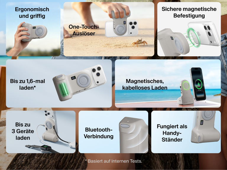 Belkin Stage PowerGrip shown in multiple lifestyle and product views highlighting ergonomic grip design, magnetic wireless charging, Bluetooth connectivity, phone stand functionality, and ability to charge up to three devices.