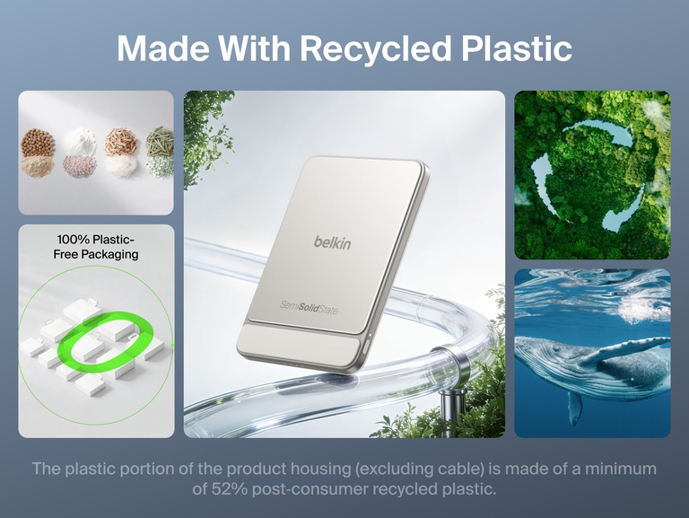 Belkin UltraCharge Pro Slim Magnetic Power Bank 5K with BoostSolid Cell sustainability graphic highlighting recycled plastic construction and 100 percent plastic-free packaging.