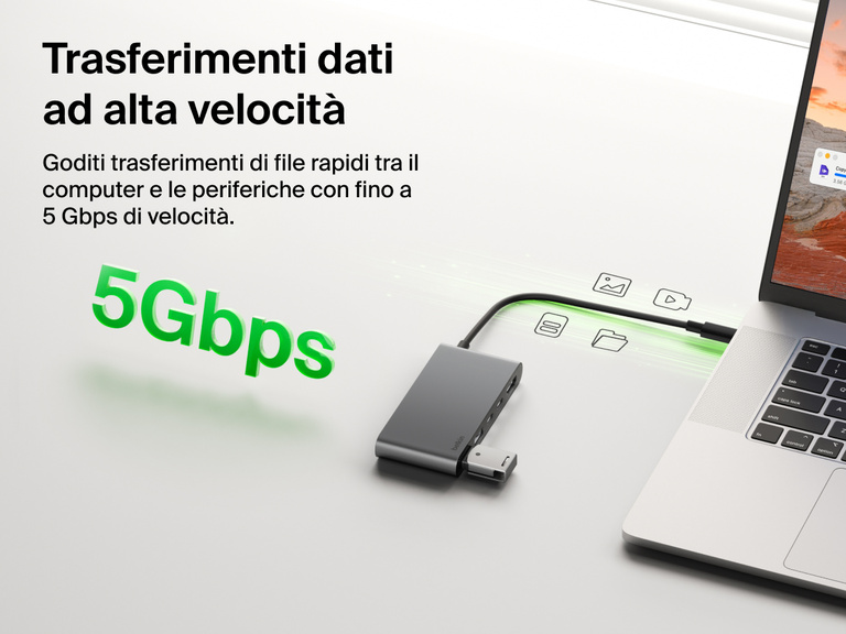 Belkin Connect 5-Port USB-C Hub with Dual USB-C Ports enables high-speed data transfer up to 5Gbps between laptop and connected devices.