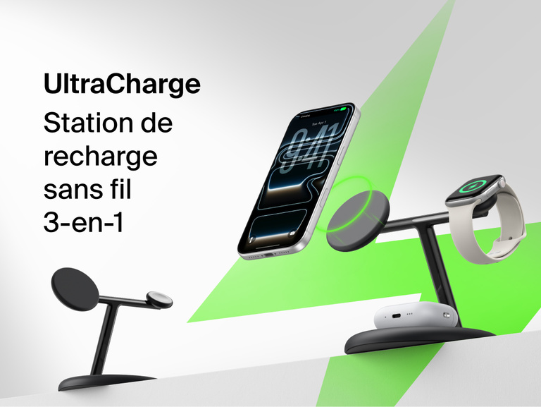 Belkin UltraCharge 3-in-1 Wireless Charging Stand with Qi2 25W front view showing dedicated magnetic phone pad, watch charger, and earbuds base