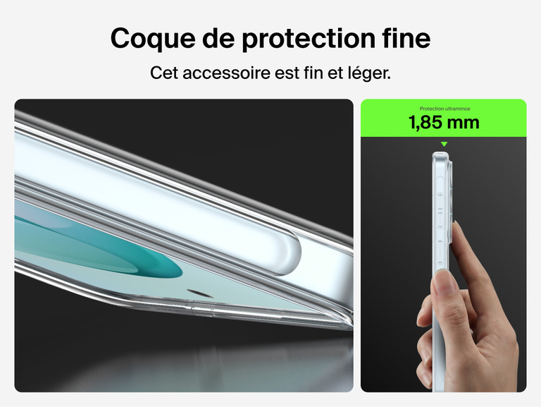 Belkin SheerForce Clear Series Case for Samsung Galaxy S26 shown in side profile, highlighting a slim 1.85 mm design that adds minimal thickness while delivering durable, everyday phone protection.