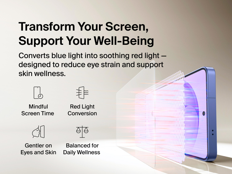 Belkin ScreenForce Titan EcoGuard Red Light Screen Protector for Samsung Galaxy S26 shown converting blue light into red light to support eye comfort, mindful screen time, and everyday screen wellness.