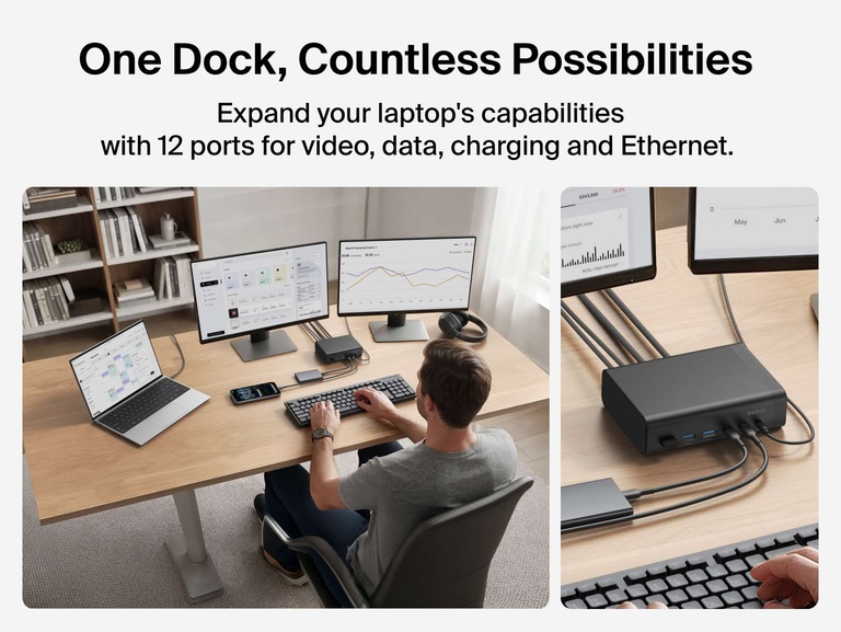 Connect 12-Port Dual Display USB-C Dock connected to a laptop and two monitors at a home desk setup, illustrating 12 ports for video, data, charging, and Ethernet