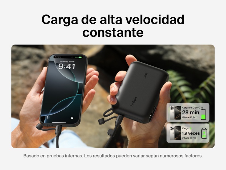 Se muestra la batería externa 10K con pantalla BoostCharge de Belkin suministrando una carga de alta velocidad de 20 W a un iPhone 16 Pro. Lo puede recargar del 0 al 50 % en 28 minutos y proporcionarle un total de 1,9 cargas completas. 