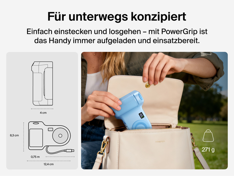 Person placing the Belkin Stage PowerGrip portable magnetic wireless charger into a handbag, shown with product dimensions and lightweight design for easy travel.