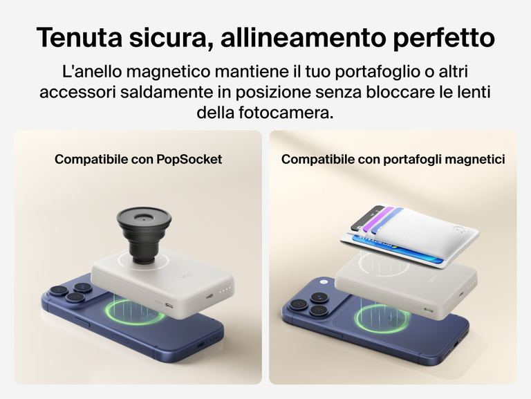 Slim Magnetic Power Bank 10K with Qi2 magnetically attached to smartphone demonstrating secure alignment and compatibility with PopSockets and magnetic wallet accessories