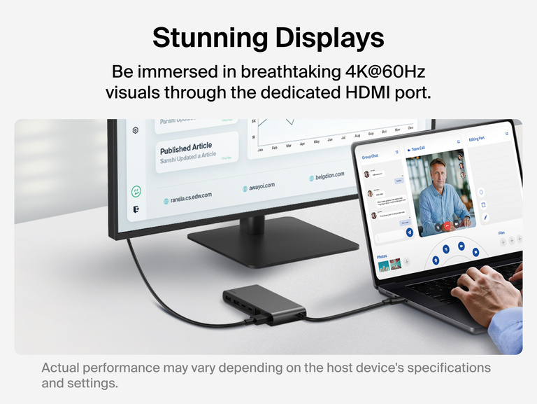 Belkin Connect 8-Port USB-C Hub with 2.5Gb Ethernet connecting a laptop to an external monitor via HDMI, displaying 4K@60Hz visuals for an enhanced and immersive viewing experience.