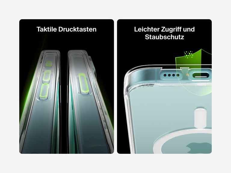 A dual-image showcase of the SheerForce™ Magnetic iPhone Case’s tactile, clickable buttons and dust-proof protection. The left image highlights the precisely designed buttons that offer a responsive and comfortable press. The right image focuses on the dust-resistant port cutouts, ensuring easy access while protecting against dirt and debris buildup.