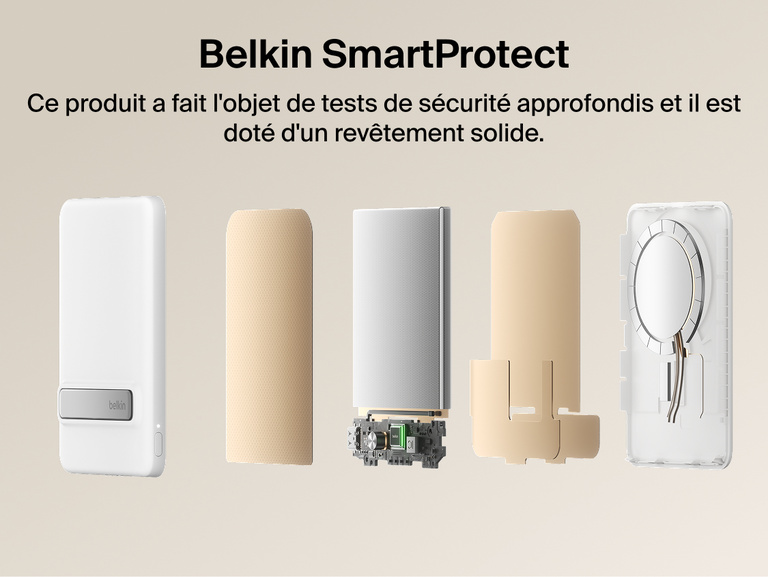Belkin BoostCharge Slim Magnetic Power Bank 5K with Qi2 shown with Belkin SmartProtect internal components designed for safe, reliable charging performance.