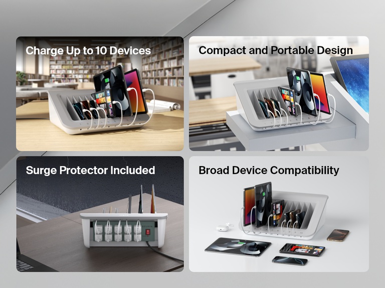 Four images of the Belkin Store and Charge Station highlight its ability to charge up to 10 devices, compact design, built-in surge protector, and broad compatibility with phones and tablets.