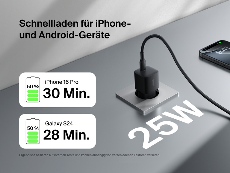 Belkin BoostCharge USB-C Wall Charger 25W delivers fast charging for iPhone 16 Pro and Galaxy S24, powering up to 50% in around 30 minutes.