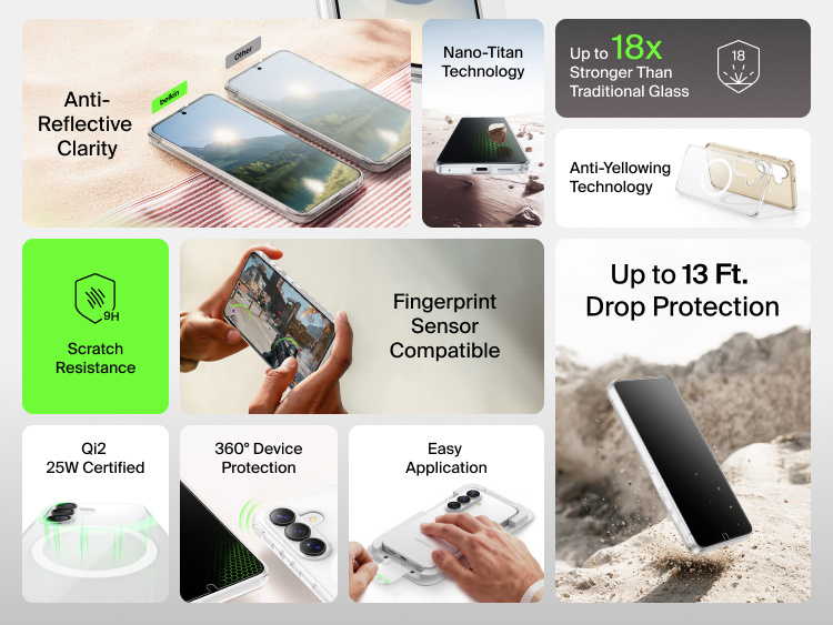 Belkin SheerForce Titan Protective Bundle for Samsung Galaxy S26 highlighting 9H scratch resistance, Nano-Titan technology, up to 13-foot drop protection, anti-reflective clarity, Qi2 25W compatibility, and full 360-degree device protection.