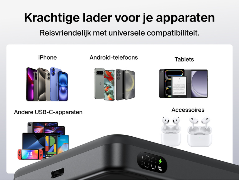 Belkin UltraCharge Slim Magnetic Power Bank 10K showcasing universal compatibility with iPhone, Android phones, USB-C devices, tablets, and wireless accessories for travel-ready charging