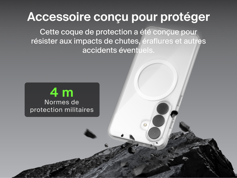 Belkin SheerForce Clear Series Case for Samsung Galaxy S26 shown protecting a phone during impact, highlighting slim design with 13 ft / 4 m military-grade drop protection and built-in Qi2 wireless charging support.