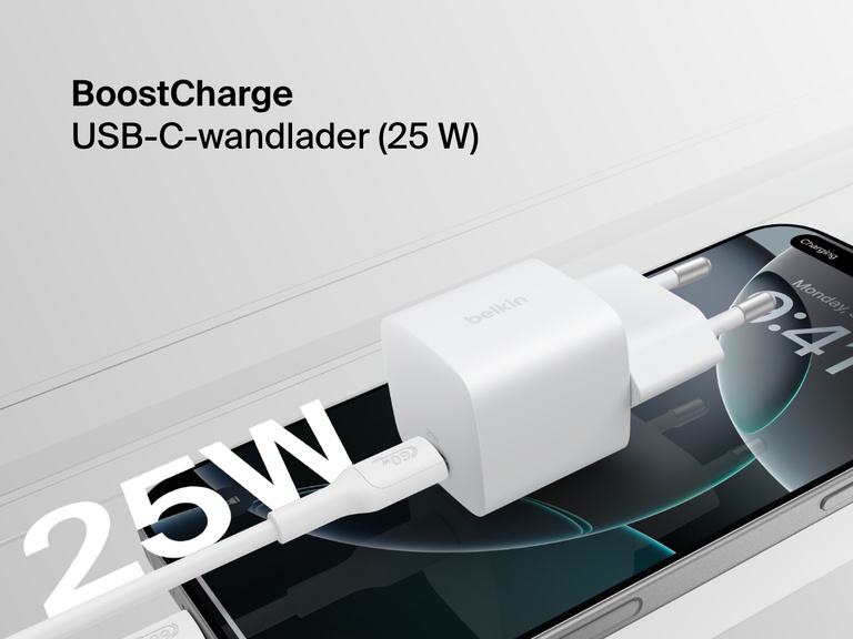 Belkin BoostCharge USB-C Wall Charger 25W shown plugged into a smartphone, highlighting its compact design and fast charging capability.