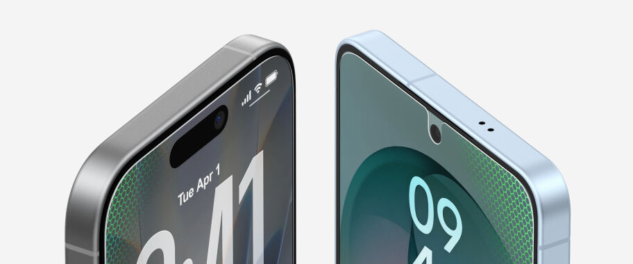 iPhone 17 and Samsung Galaxy S26 displaying screen protectors designed for edge-to-edge coverage and camera cutout compatibility.