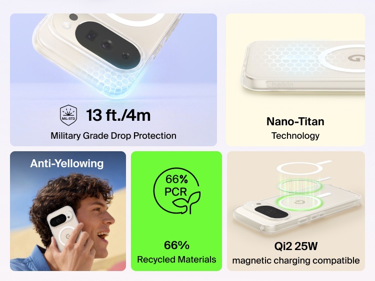 Belkin Clear Series Case for Google Pixel 11 showcased in multiple color options with Qi2 25W magnetic charging compatibility, military-grade drop protection, Nano-Titan technology, anti-yellowing coating, and recycled materials.