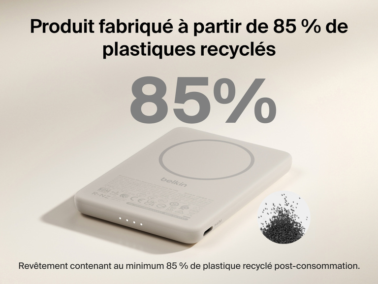 Belkin BoostCharge Slim Magnetic Power Bank 5K shown with text highlighting that its housing is made from 85% post-consumer recycled plastic for sustainable design.