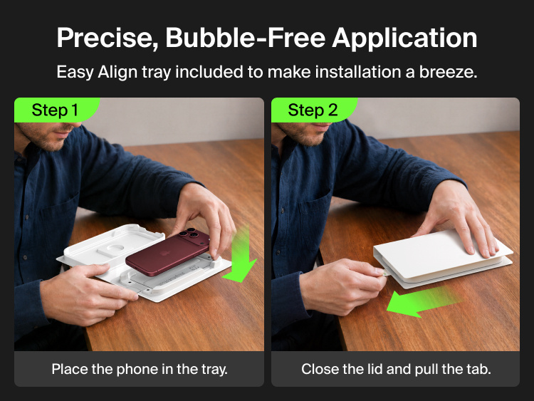 Belkin Titan SmartShield Pro Anti-Reflective Screen Protector for iPhone 18 includes an Easy Align tray for precise, bubble-free installation by placing the phone in the tray, closing the lid, and pulling the tab.