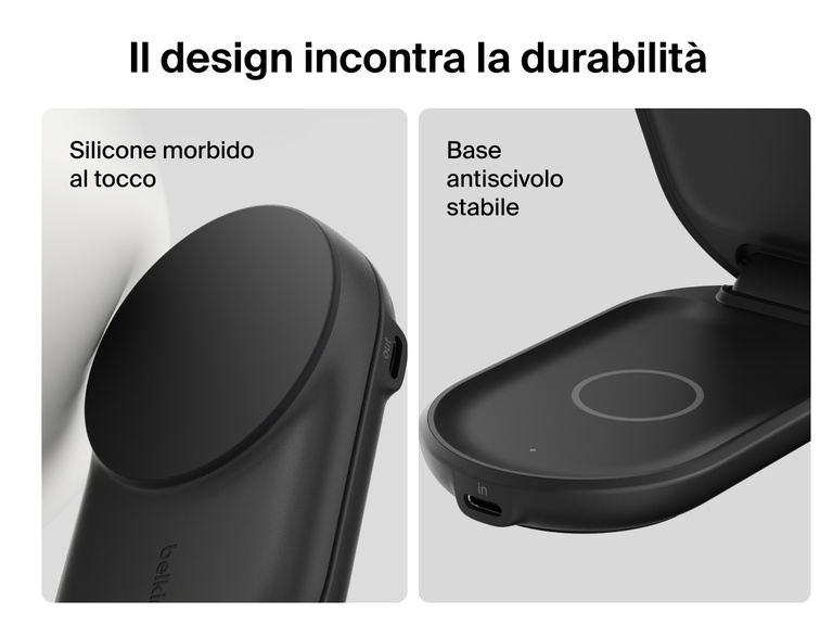 Primo piano del caricabatteria magnetico pieghevole 2 in 1 con Qi2 da 25 W Belkin UltraCharge che evidenzia i materiali in silicone morbido al tatto e la base piena antiscivolo per una maggiore durabilità e una ricarica più sicura.