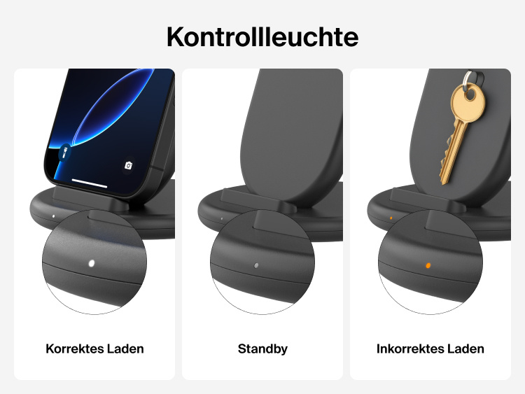 Belkin BoostCharge Wireless Charging Stand 15W shown with LED light indicators displaying proper charging, standby mode, and incorrect charging status.