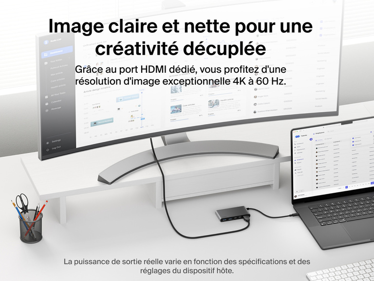 Belkin Connect 5-Port USB-C Hub with Dual USB-C Ports connects a laptop to a monitor, delivering stunning 4K@60Hz visuals via the dedicated HDMI port.