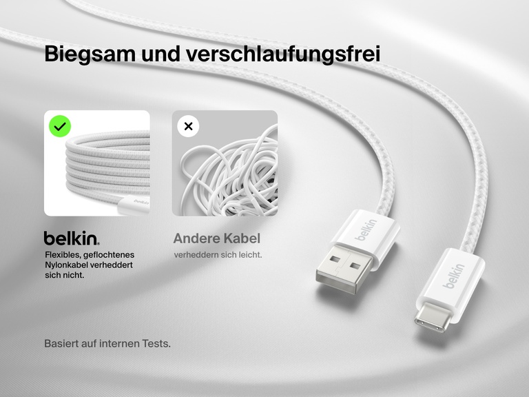 Abbildung eines Belkin BoostCharge USB A auf USB C Kabels (15 W), das mit einer weichen, flexiblen, geflochtenen Ummantelung aus Nylon versehen ist, die Verheddern verhindert und eine unkomplizierte Verwendung ermöglicht.