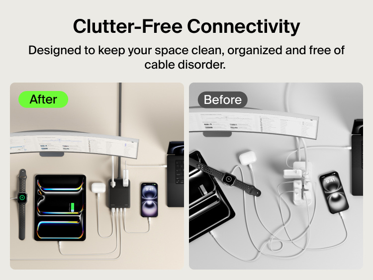 Belkin 2-Outlet Charging Station with USB-A and 3 USB-C Ports 140W shown in a before-and-after comparison demonstrating clutter-free cable management and organized workspace setup.