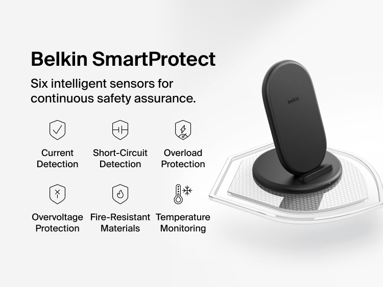 Belkin BoostCharge Wireless Charging Stand 15W featuring SmartProtect technology with six intelligent sensors for current detection, overload protection, and temperature monitoring.