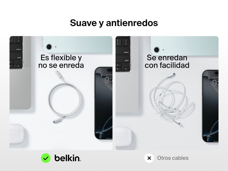 Imagen en paralelo mostrando el cable USB-C a USB-C de 60 W Belkin BoostCharge, haciendo hincapié en sus cualidades de suavidad, flexibilidad y antienredos, en comparación con otros cables convencionales que se enmarañan con facilidad.