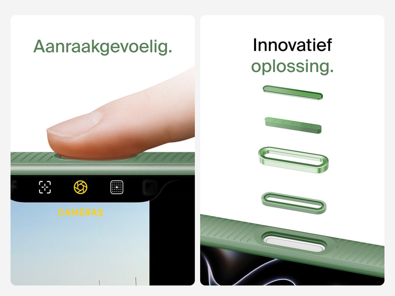 Belkin SheerForce Grip Series Case for iPhone 17 with MagSafe ring, raised edges, and floating tinted buttons for precision protection.