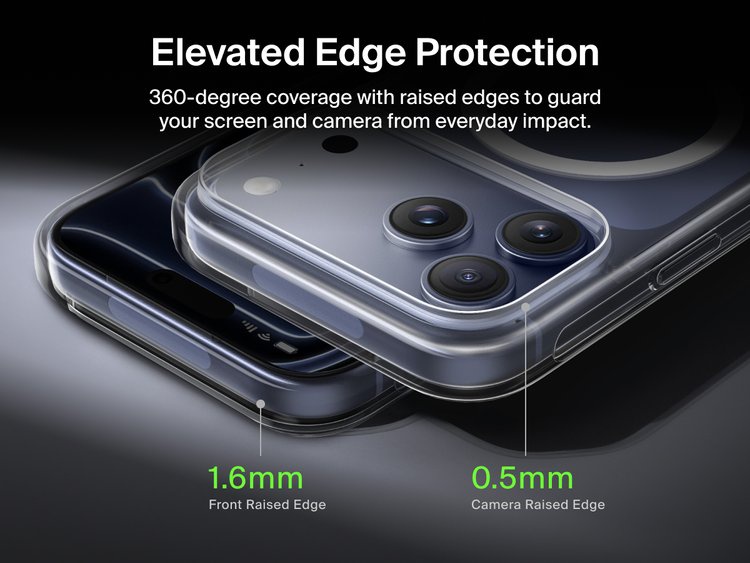 Belkin SheerForce Clear Series Case for iPhone 17 with elevated edge protection featuring 1.6mm front raised edge and 0.5mm camera raised edge for 360-degree coverage.