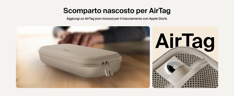 Illustrazione del supporto di ricarica magnetica compatto 3 in 1 BoostCharge Belkin mentre ricarica in modalità wireless gli AirPods, mettendo in risalto la sua compatibilità con tutti i modelli di AirPods ed AirPods Pro.