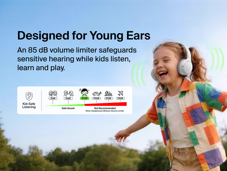 SoundForm Mini 2 Wireless On-Ear Headphones for Kids worn by a smiling child outdoors, with a diagram showing the 85 dB Kid-Safe Listening volume limit compared to louder levels not recommended for children