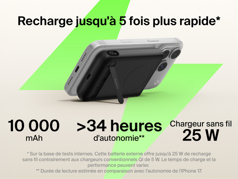 Belkin UltraCharge Pro Power Bank 10K with magnetic ring attached to a smartphone, highlighting up to 25W wireless fast charging, 10,000 mAh capacity, extended battery life, and built-in kickstand for hands-free use.