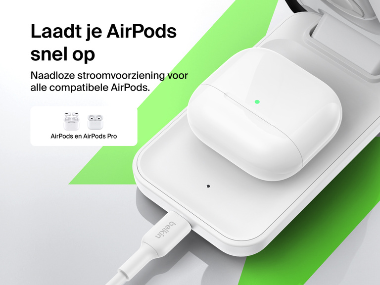 De Belkin UltraCharge 3-in-1 uitklapbare magnetische lader met Qi2 25W biedt snel draadloos opladen voor AirPods en AirPods Pro met naadloze compatibiliteit.