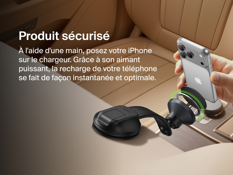 Belkin BoostCharge Magnetic Wireless Charging Car Vent and Dash Mount shown aligning an iPhone with strong magnetic attachment for quick, secure one-handed placement and instant charging.